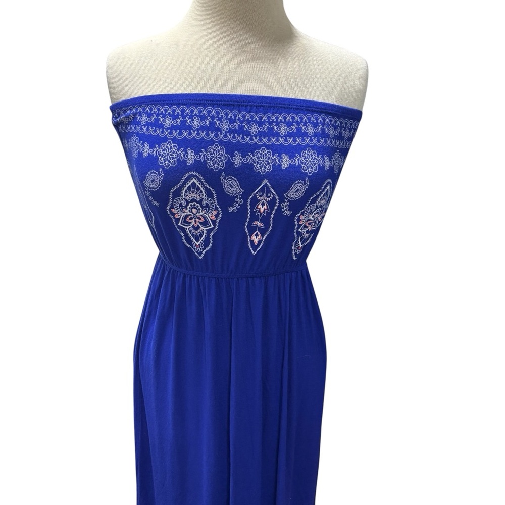 Love Tree Blue Strapless y Border Print Maxi Dress Medium Tube Top Gown #508 - Picture 2 of 8